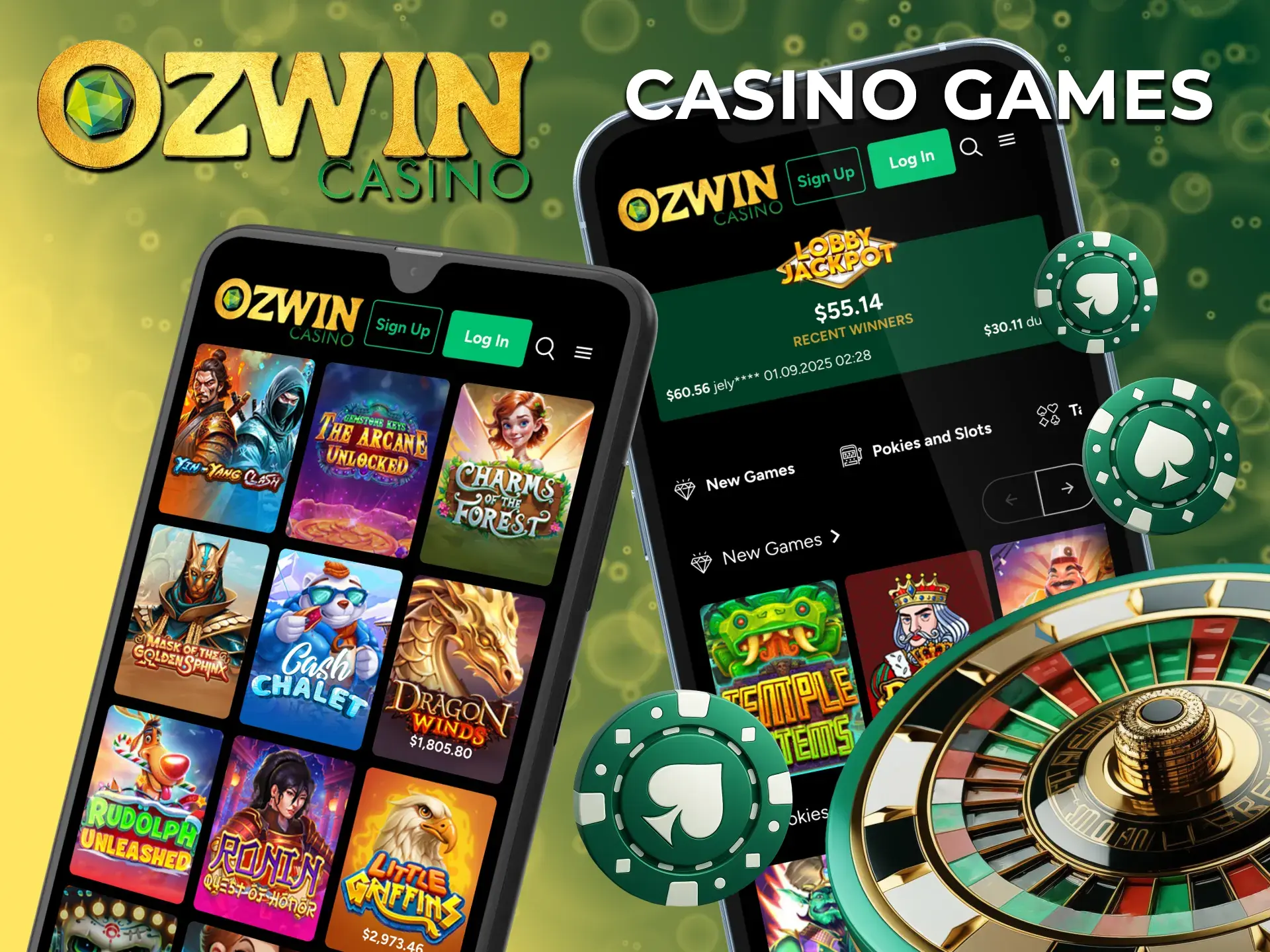 Ozwin Casino app showing variety of game types.